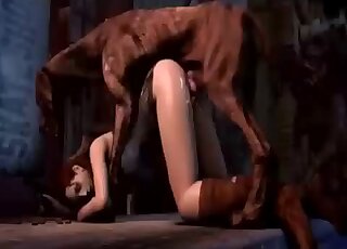 Attractive brunette gets fucked by a brown dog on all fours here