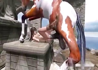 Lara Croft finds a way to fit a horse cock in her tight pussy