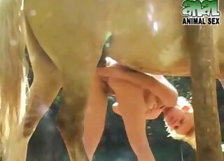 Naughty blonde takes massive horse cock up her hungry butt