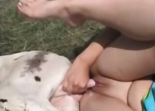 Randy brunette has outdoor zoo sex fun by blowing pet canine