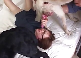 Nerdy Asian business woman blows two dogs at the same time