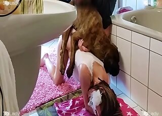 Pasty lady rubbing her clit during doggystyle fucking with a kinky dog