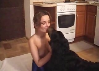 Long-legged brunette struggling with the size of that titanic dog cock