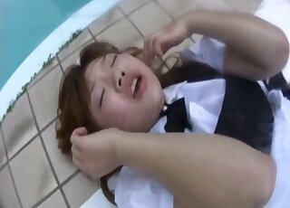 Immersive fuck movie showing Asian girl fucking a dog by the pool