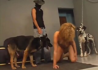 Blonde gives sloppy blowjob to a dog during her first zoo cam show