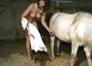 Busty brunette gets ready for zoo porn with a white horse inside stables