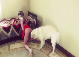 Kinky lady dressed in black and red sucking on a white dog's cock