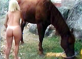 Blond zoophile whore gets naked to start making out with a horse
