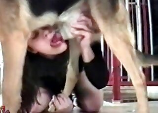 Pale-skinned chick dressed in black deepthroating a dog's boner