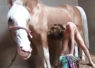 Skinny babe underestimated the size of this horse's huge penis