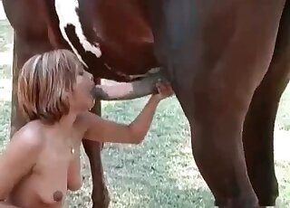 Nude chick gives a blowjob to a stallion and shoves his cock in pussy