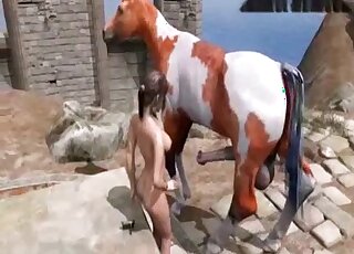 Lara Croft shows her yummy asshole while blowing horse outdoors